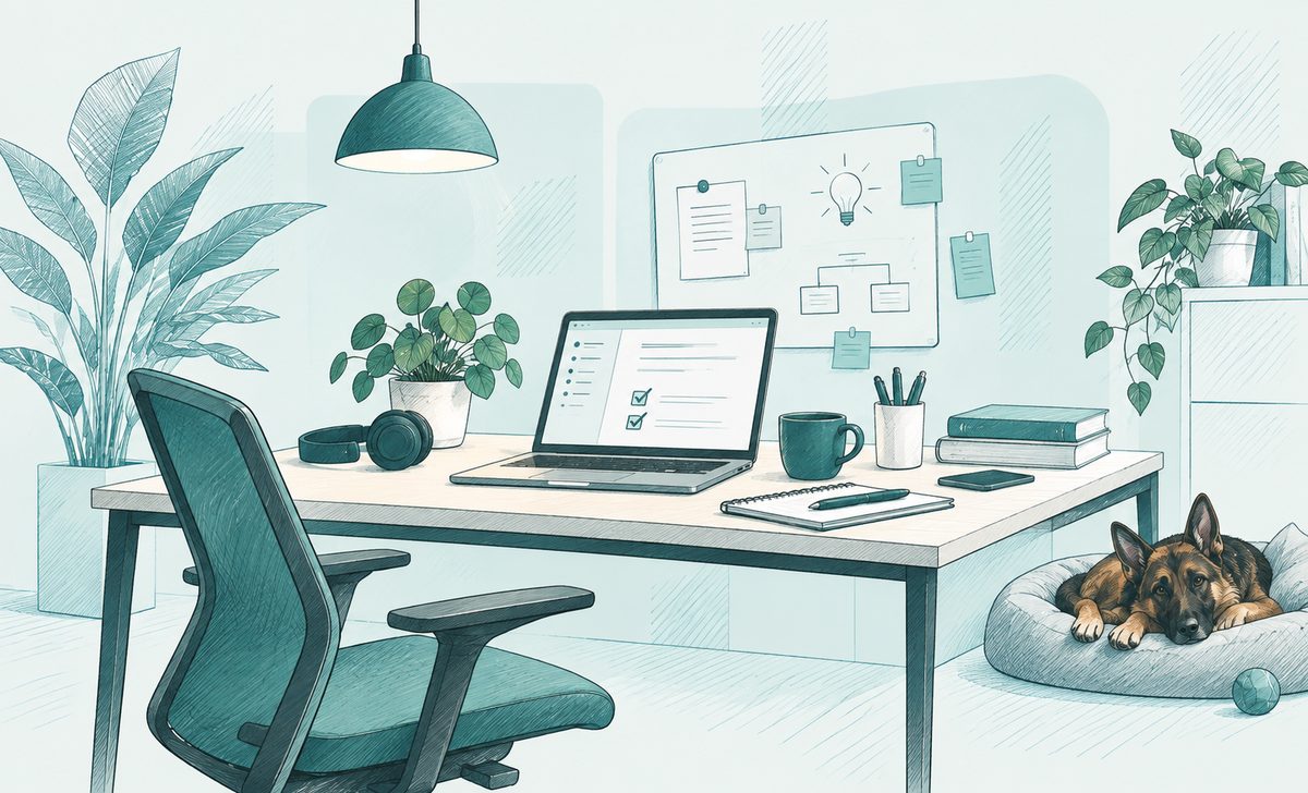 Illustration: ein aufgeräumter Schreibtisch mit Laptop, Notizbuch
                    und Pflanzen, dahinter eine Pinnwand mit einer Ablaufskizze;
                    daneben liegt Toji, unser Schäferhund, in seinem Korb.
