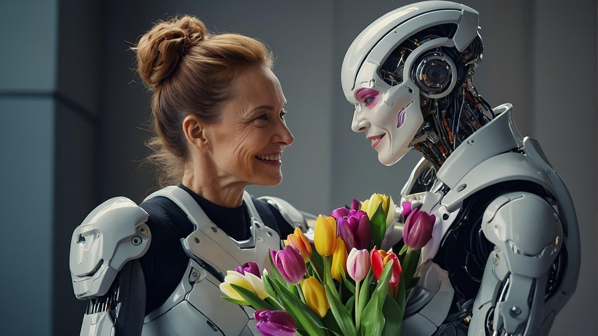 Eine Frau lächelt einen humanoiden Roboter an, der ihr einen Strauß Tulpen reicht.