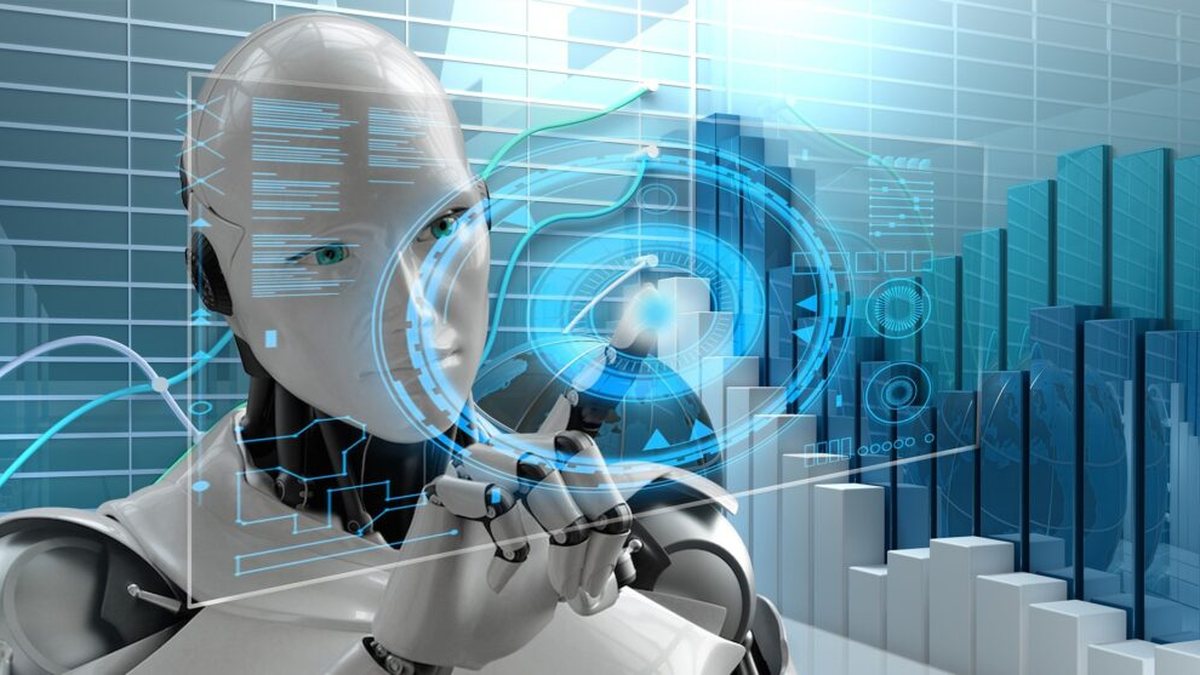Ein humanoider Roboter berührt eine leuchtende Bedienfläche, im Hintergrund blaue Balkendiagramme.