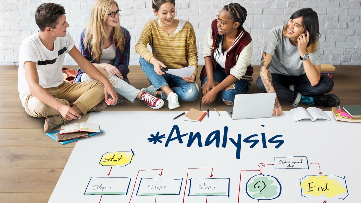 Junge Menschen sitzen auf dem Boden um ein großes Blatt Papier mit einem handgezeichneten Ablaufplan unter der Überschrift „Analysis“.