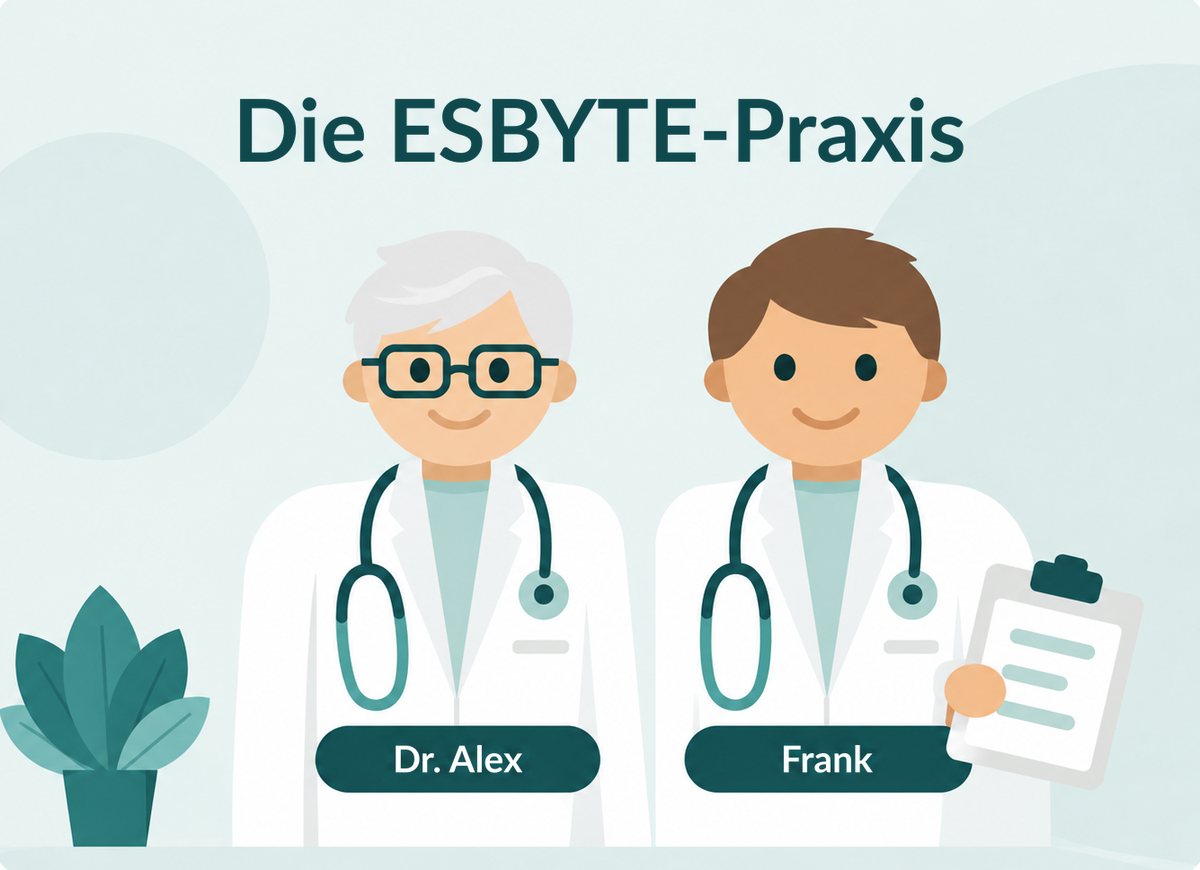 Illustration: die ESBYTE-Praxis. Zwei Prozessberater als Ärzte im
                    weißen Kittel mit Stethoskop, Namensschilder Dr. Alex und Frank;
                    Frank hält ein Klemmbrett.