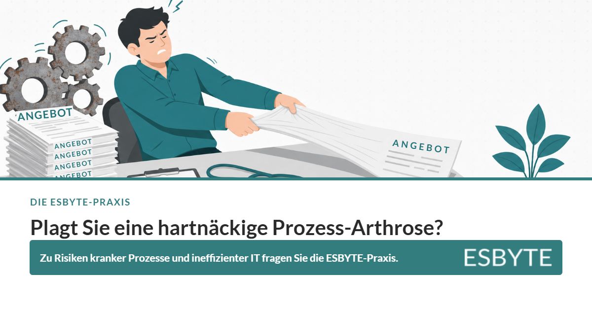 Motiv der Reihe „Die ESBYTE-Praxis“ zur hartnäckigen Prozess-Arthrose: eine Person zieht mühsam an einem zähen Angebotsdokument, daneben ein Stapel identischer Kopien.
