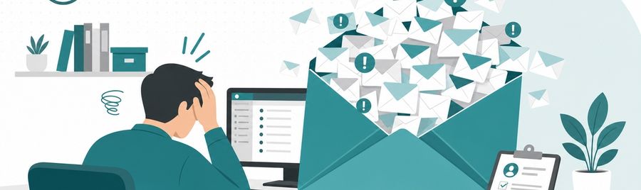 Illustration: eine Person am Schreibtisch verschwindet hinter einer Flut von E-Mails, die aus einem überquellenden Briefumschlag strömen.