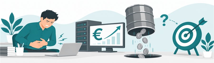Illustration: eine Person hält sich vor Schmerzen den Bauch, daneben ein Server mit steigender Eurokurve, ein Fass, aus dem Münzen durch ein Loch im Boden fallen, und eine Zielscheibe mit Fragezeichen.