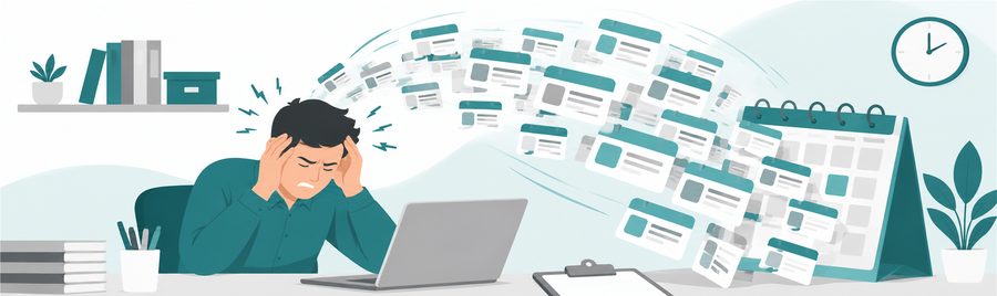 Illustration: eine Person am Laptop hält sich den Kopf, während eine Flut von Termineinladungen aus einem übervollen Kalender auf sie zuströmt.