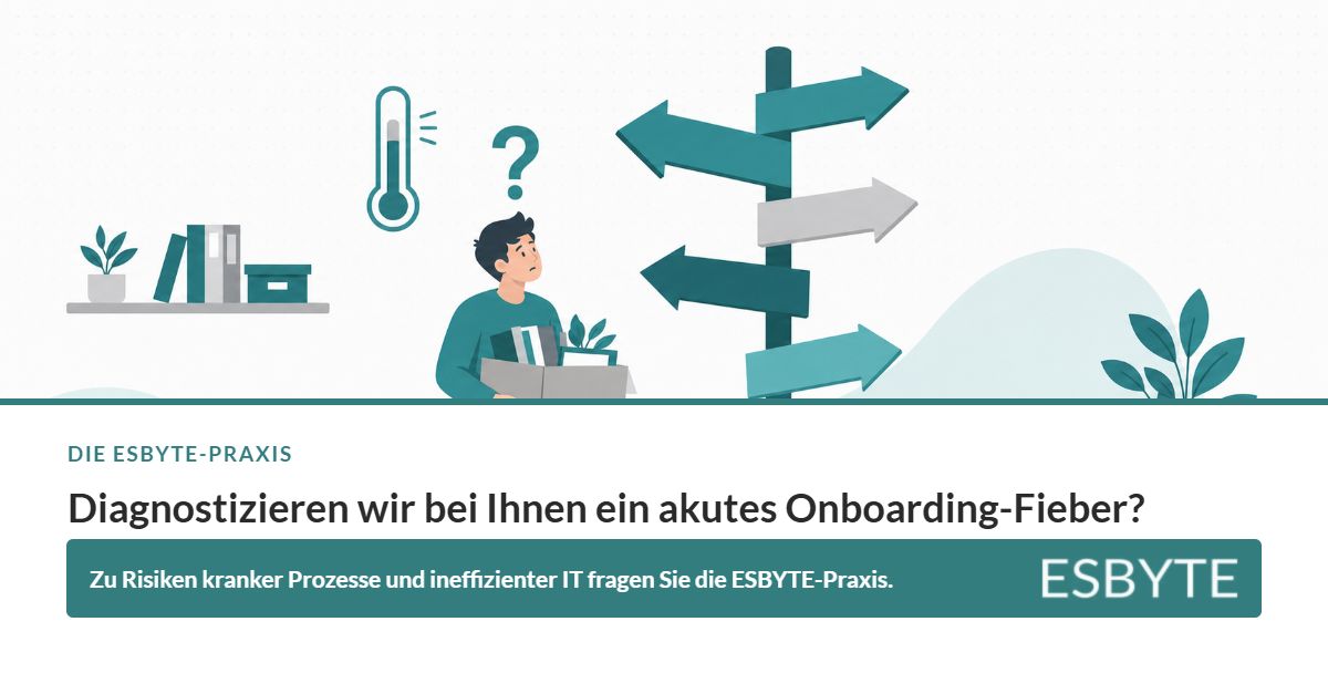 Motiv der Reihe „Die ESBYTE-Praxis“ zum akuten Onboarding-Fieber: eine Person mit Umzugskarton steht ratlos vor Wegweisern in alle Richtungen.
