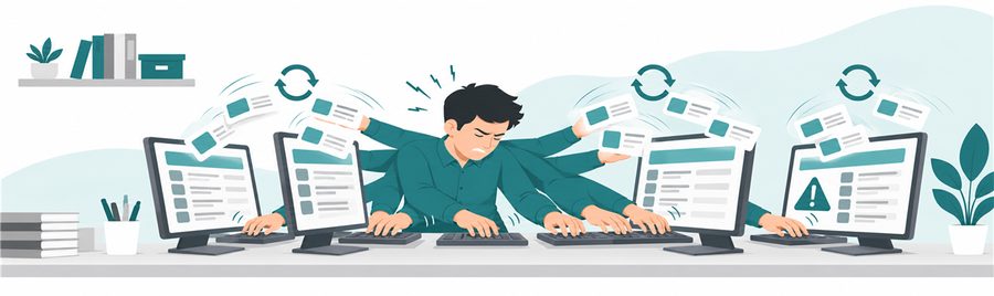 Illustration: eine Person mit vielen Armen tippt an mehreren Bildschirmen gleichzeitig dieselben Daten ein, über den Monitoren kreisen Pfeile und ein Warnsymbol.