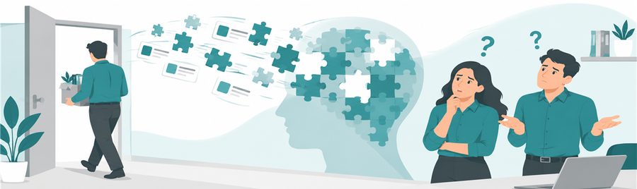 Illustration: eine Person verlässt mit einem Karton das Büro, aus einem Kopf aus Puzzleteilen fliegen Teile davon, eine Kollegin und ein Kollege bleiben ratlos zurück.