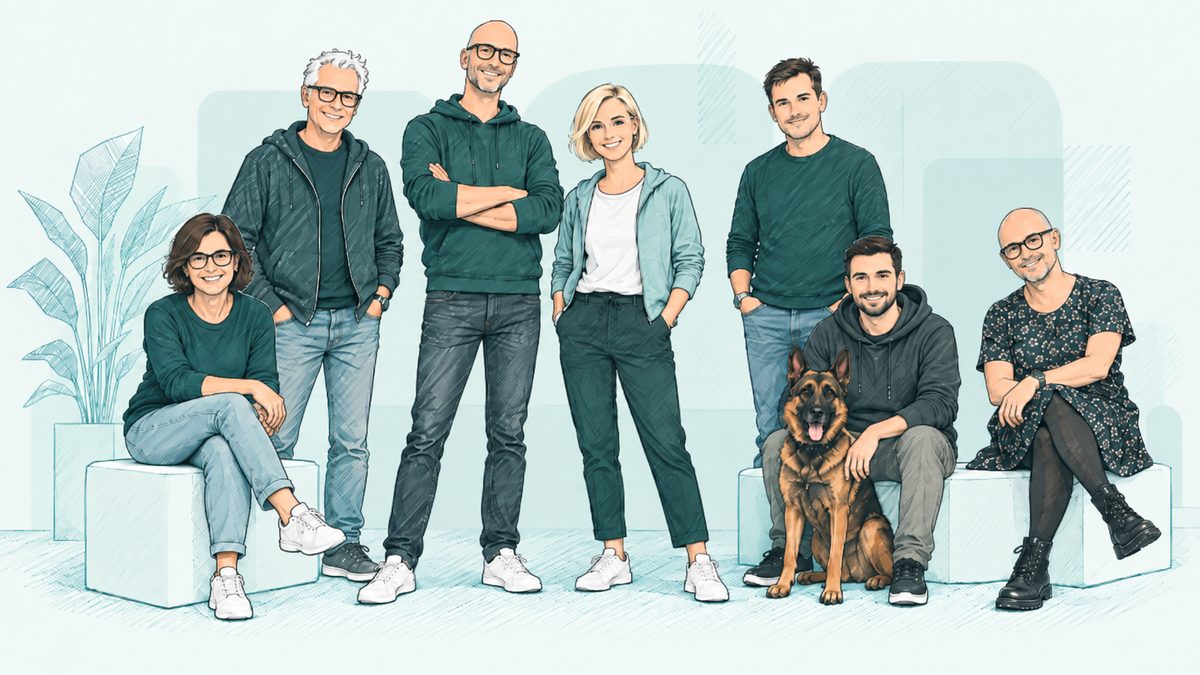 Illustration des ESBYTE-Teams: sieben Personen in Pullovern und
                  Jeans, einige stehend, einige sitzend, dazu Toji, der Schäferhund, gezeichnet in ESBYTE-Grüntönen.